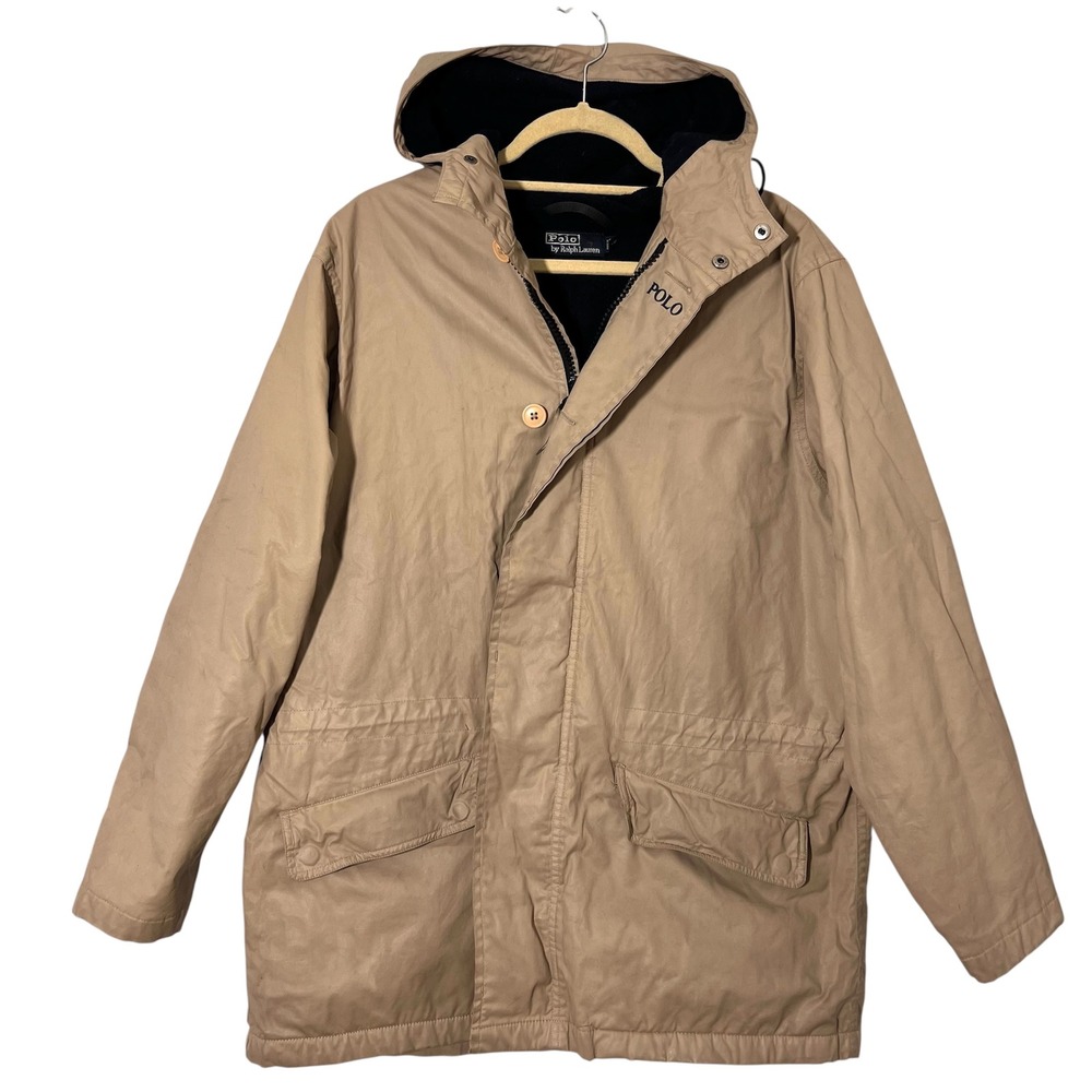 Vintage 90s Polo Ralph Lauren Parka Jacket Mens M Khaki Hooded Fleece Lined